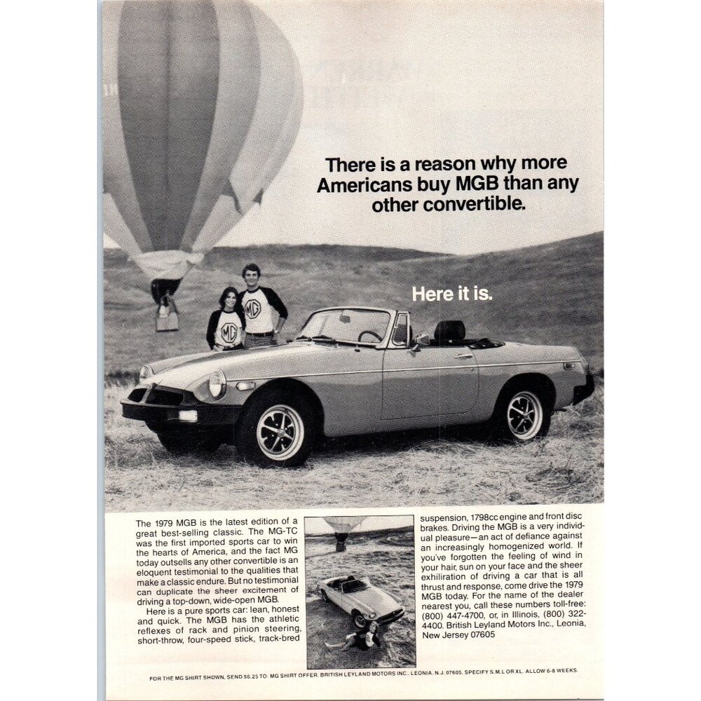 1979 MG MGB Convertible Roadster Vintage Print Ad Hot Air Balloon 70s Wall Art